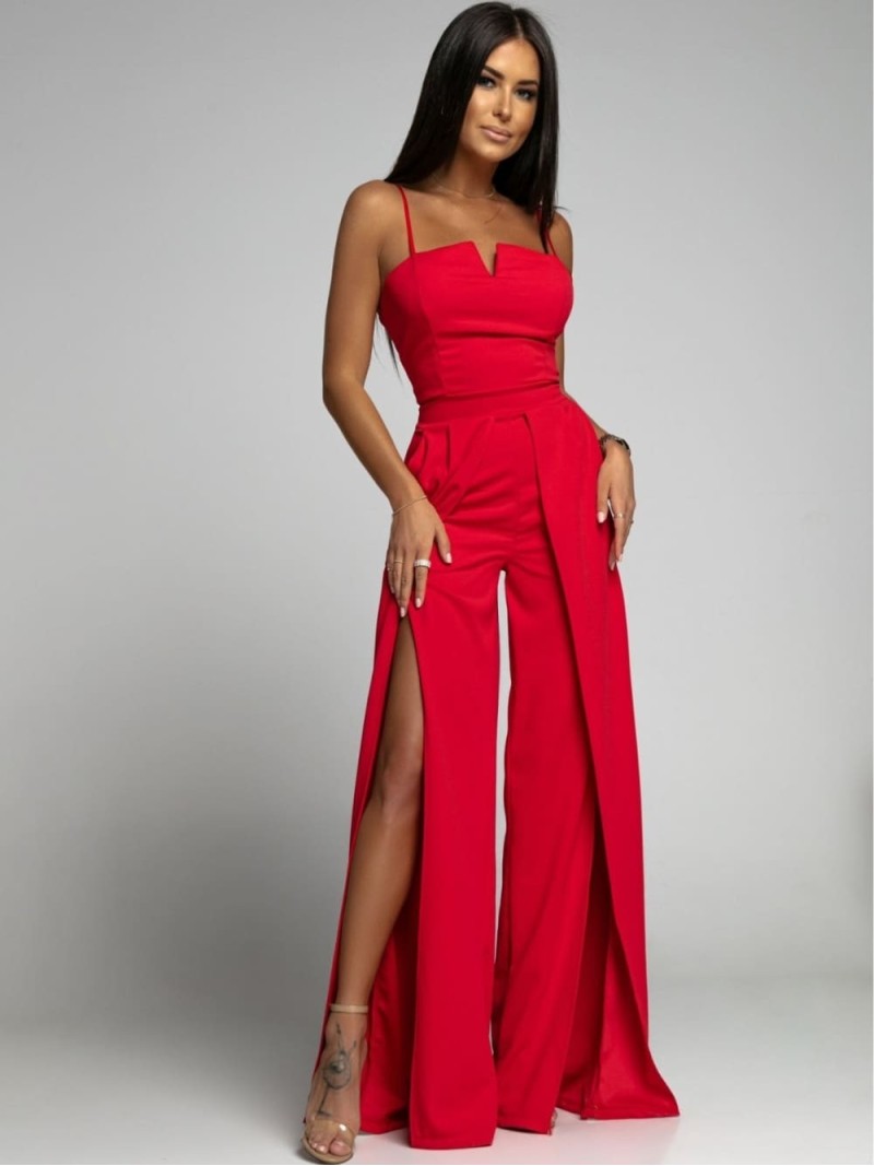 Elegant jumpsuit with straps and slits, red AZRT035